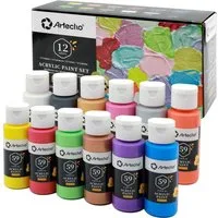 Artecho Acrylfarbe 12 x Metallic Acrylfarben, je 59 ml Flaschen mit Klappverschluss, für Papier, Ton, Holz, Steine – zum Reisen, Malen & Freude verschenken