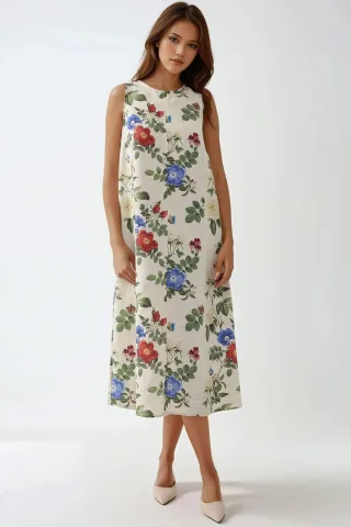 Leinen-Optik Ärmelloses Kleid mit Rundhalsausschnitt in Midi-Länge