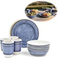 LS-LebenStil Geschirr-Set Camping-Geschirr Set 12-teilig Maritim Blau Weiß 4 Personen Picknick (12-tlg), 4 Personen, Kunststoff, Becher Teller Schüsseln - ideal beim Camping Wandern