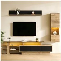 Merax Wohnwand 3-teilig Wohnwand Set mit LED-Beleuchtung, (3-St), Wohnzimmermöbel Wohnwand mit Vitrine, Hängeregal & TV Schrank