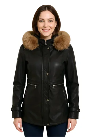 Schwarze Parkajacke aus Leder mit Kapuze für Damen – Charleville