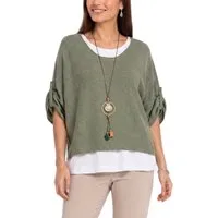 dy_mode Blusenshirt Damen Blusenshirt Oberteil 2-in-1 Lagenlook Shirt Fledermausärmel 2-teilige Set, inkl. Halskette, Fledermausärmel