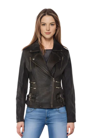 Damen Leder Vintage Schwarz Brando Bikerjacke-Constantia