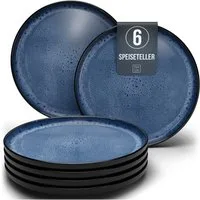 PURE LIVING INTERIOR DESIGN Geschirr-Set Pure Living Speiseteller 6er 26cm »Ibiza«, Steingut, Tiefblau, 6 Personen, Steingut, Mediterrane Handwerksoptik, Reaktive Glasur – jedes Stück einzigartig…
