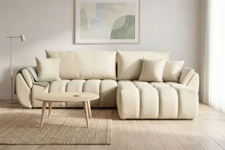 Ecksofa Schlafsofa Sofa COLLIN in Stoff Monolith Ecru Ottomane Rechts