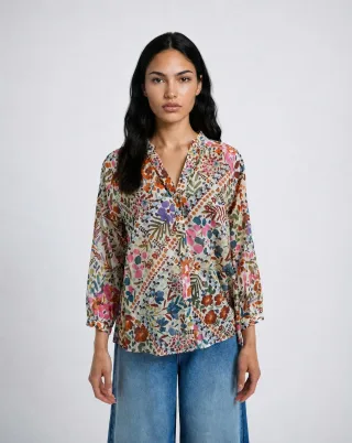 Smith&Soul - Raglan Ruffle Neck Blouse beige print - Gr. - XXL
