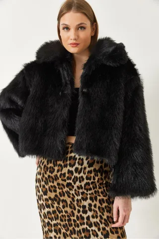 Kürzerer Offener Front-Faux-Fur-Mantel mit Langen Ärmeln