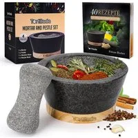 Tortillada Mörser XXL, 16 cm, (Set, 4-tlg., Mörser, Stößel, Holzsockel und Rezeptbuch), 16 cm, mit Holzsockel und Rezeptbuch