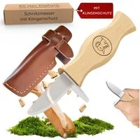 Eli Taschenmesser Schnitzmesser für Kinder ab 6 Jahre inkl. Klingenschutz aus Leder, (Kindermesser - Kinderschnitzmesser - Beidhändig - rostfreier Stahl, Buchenholzgriff), Schnitzwerkzeug - Outdoor Messer