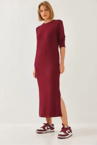 Crew-Neck Langarm-Midi-Kleid mit Schlitz