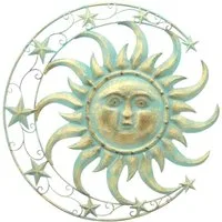 Dekoleidenschaft Wanddekoobjekt "Sonne, Mond & Sterne" 3D Wanddeko aus Metall, Metallbild, Wandbild, Wanddekoration mintgrün & gold, Ø 46 cm, Metalldeko, Wandschmuck