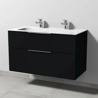 Sanipa 3way Keramik-Set Finion Keramik-Doppelwaschtisch und Unterbau mit 2 Auszügen, Schwarz-Matt UF40308
