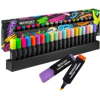 WESTCOTT Marker Tischset 20 Stück Neon & Pastell, Textmarker Highlighter in Halterung, (Vorteilspack, 20-tlg), 2-5 mm Strichstärke, Premium Tinte aus Deutschland