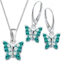 Goldene Hufeisen Schmuckset Kristall Schmetterling Ohrringe Anhänger Kette 925 Silber Set (4-tlg, inkl. Geschenk-Etui), Geschenkset