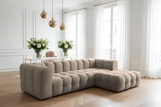 Ecksofa Designersofa SOLVIE in Stoff Tiffani Taupe Ottomane Rechts