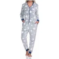 Normann Pyjama Damen Schlafanzug Jumpsuit Overall in Sterneoptik aus Coralfleece
