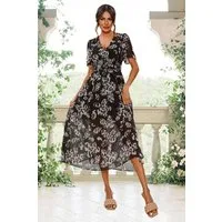 FS Collection Sommerkleid Damen Midikleid Sommerkleid Freizeitkleid V-Ausschnitt Geraffte Taille, fließender Stoff, femininer Schnitt