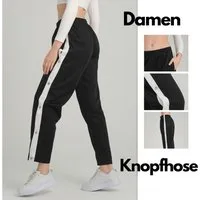 Kendindza Collection Jogginghose Knopfhose Jogginghose mit Druckknöpfen Sporthose Damen Relaxhose Tunnelzug Gummibund Streifen Knöpfe