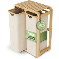 AMBIAVO Wäschekorb 2 Fächer mit waschbaren Baumwollsäcken, 100 L Volumen, stabiler 3x3 cm Bambusrahmen, innovatives Design