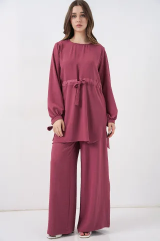 Crew-Neck-Tunika mit Krawatten-Detail und weiten Hosen Set