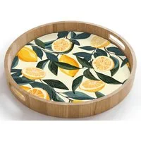 OnlyWow Tablett Rund mit Henkel Zitronen - Früchte - Blätter - Gelb - Grün - Beige, Eichenholz, (1-tlg), Siervierplatte, Tray, Frühstücksbrett