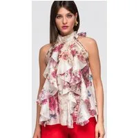 OMBRE Blusentop Damen Blusentop mit floralem Muster und Halterdekolleté Rose ONESIZE (kein Set, 1-tlg) florales Muster, kaskadierende Rüschen