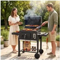 TLGREEN Holzkohlegrill XXL Holzkohlegrill Grillwagen mit Deckel, 3-Zonen Multifunktionaler Smoker Grill, Höhenverstellbare Kohleschale,Thermometer & 4 Lüftungsschlitze, Mit 2 klappbaren Ablagen, Rädern und Aschekasten
