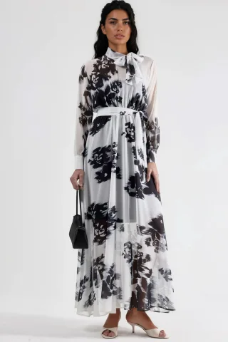 Floral Maxi-Kleid mit Knopfverschluss und Bindeband-Detail