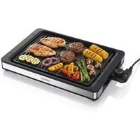 Arendo Tischgrill Edelstahl Elektrogrill, bis 250 Grad, elektrisch, Antihaftbeschichtung, 1800 W, stufenlose Temperaturregelung, für Balkon, Garten & Indoor