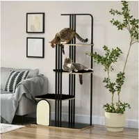 PawHut Kratzbaum mit 3 Plattformen, Katzenmöbel, mit Kissen, mit Kratzbrett, 48B x 85L x 170H cm