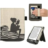 kwmobile E-Reader-Hülle Flip Schutzhülle für Pocketbook Verse / Verse Lite / Verse Pro / Color, Handschlaufe - Cover Lesende Frau Design