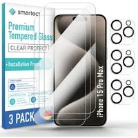 smartect Displayschutzglas Schutzglas Panzerfolie Klar für iPhone 15 Pro Max, Set, 3 Stück, (Display + Kamera) Schutzfolie inkl. Anbringhilfe