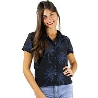 King Kameha Hawaiihemd Palmshadow Funky Hawaiibluse Damen Kurzarm Front-Tasche Stylish