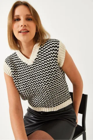 Zebra-Muster V-Ausschnitt Ärmelloser Crop Sweater-Weste