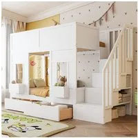 Flieks Etagenbett, Kinderbett 90x200cm mit Fenstern, 2 Schubladen und Stauraumtreppe