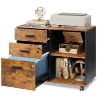 DEVAISE Aktenschrank Rollcontainer mit 3 abschließbaren Schubladen & offenem Fach, (80×40×63 cm) mobiler Aktenschrank auf Rollen, Hängeregistratur Letter