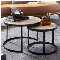 FINEBUY Couchtisch FB63746 2 teilig Wohnzimmertisch Massivholz Rund Beistelltisch (2er Set Mango / Akazie Massivholz Rund Modern), Satztisch mit Metallbeine, Beistelltisch