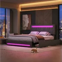 PXloue Polsterbett Doppelbett Stauraumbett mit bettkasten, mit Lattenrost und 4 Schubladen, LED-Beleuchtung, 140x200 cm