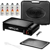 Mianova Camping-Gasgrill 2in1 Campinggrill Campingkocher Tischgrill Grillplatte 4 Gaskartuschen, Gasgrill für Camping Angeln Zelten - Ideal zum Grillen - Geliefert im Tragekoffer, Mobiler Campinggrill mit Piezozündung und praktischem Komplettset