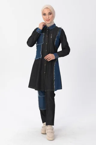 Reißverschluss Detail Hijab Denim-Outfit Schwarz