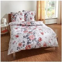 TRAUMSCHLAF Bettwäsche Blumen rot, Flanell, 3 teilig, hochwertige Flanell Qualität