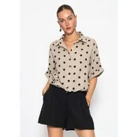 SASSYCLASSY Langarmbluse Bluse mit Zugband und Punkten für Damen Leichte Baumwollbluse mit halblangen Ärmeln und Hemdkragen Taupe