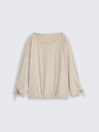Denim Tom Tailor - Loose Fit Langarmshirt mit Raffärmeln small beige white stripe - Gr. - S
