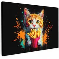 OneMillionCanvasses® Leinwandbild Katze - Essen - Pommes frites - Graffiti - Abstrakt, Fotodruck (1 St), Küchenbilder Modern, Deko Bilder für die Küche 30x20 cm
