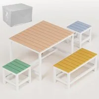 TLGREEN Garten-Kindersitzgruppe aus Hochwertigem Pappelholz – Mit Wasserdichter Abdeckung, (Kinder Garten Set 4-tlg, Robustes Tisch mit Bänken & Hocker für Terrasse, Garten & Balkon), Outdoor & Indoor Kindermöbel für Picknick, Malen & Spielen