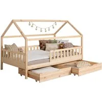 Ticaa Hausbett Kay mit Rausfallschutz und Schubkasten aus Kiefer, Kinderbett 140x200, inkl. Dach, mit Rollrost