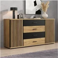 Merax Sideboard mit 4 Schubladen, 2 Türen, verstellbaren Einlegeböden & Stauraum (Wohnzimmerschrank 140x35x70cm, 1 St), Kommode mit vertikaler Rillenoptik & Eiche-Schwarz Design