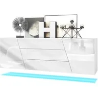 Vladon Sideboard Houston (hängende Kommode, mit 2 Türen und 3 Schubladen inkl. LED-Beleuchtung), Weiß matt/Weiß Hochglanz (178 x 57,5 x 38,5 cm)