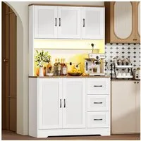 BEWISHOME Sideboard hoher Küchenschrank mit Arbeitsplatte und Ladestation, Weiß (1 St), Étagère amovible