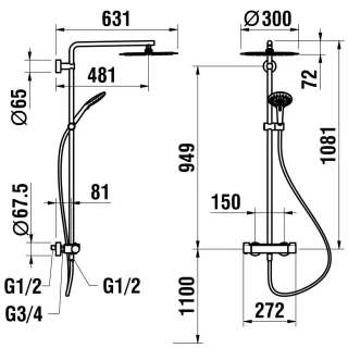 LAUFEN Thermostatisches Duschsystem Vivid mit Ablage Brausenhalter Kopfbrause ø 300 mm, PVD Titansch HF905452428630